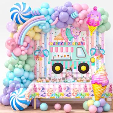 Imagem de Winrayk Decorações De Festa De Sorvete, Suprimentos De Aniversário Para Meninas, Balões De Sorvete Pastel, Kit De Arco De Guirlanda, Pano De Fundo, Toalha De Mesa, Balão De Tira Longa De Doces, Duas D