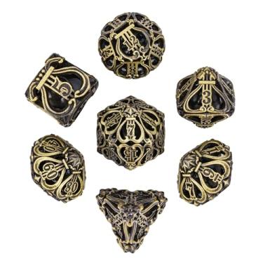 Imagem de Cusdie 7-Die Metal Dice Set - Hollow Design with Bells - Crisp Sounding Gaming Dice in Tin Box - Perfect for Tabletop RPGs & Board Games(Ancient Bronze)