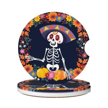 Imagem de Famame 2 peças Dia dos Mortos Caveira Mexicana Porta-copos de Cerâmica Antiderrapante Absorvente Conjuntos de Porta-copos para Bebidas Decoração de Carro Acessórios Automotivos