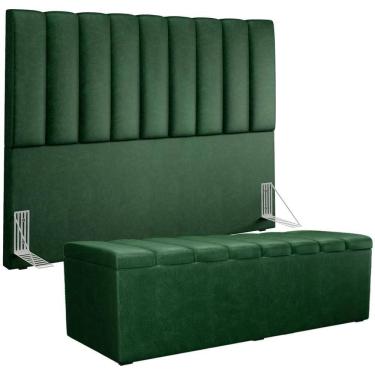 Imagem de Kit Cabeceira Cama Box Casal King 195cm Com Calçadeira Baú Dália W01 Couríssimo Verde Musgo - Lyam