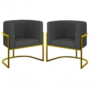 Imagem de Kit 2 Poltronas Decorativa Luxo Base De Metal Dourada Escritório Recepção Sala Suede Grafite Eli Móveis E Decoração