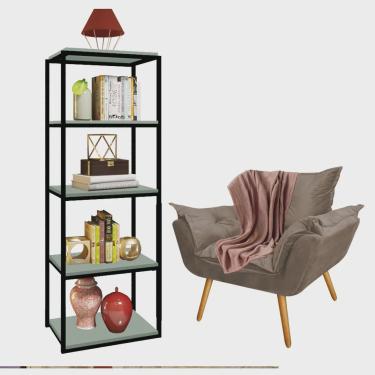 Imagem de Kit Poltrona Fatte com Manta Soft Salmão e Estante Livreiro Ferro Preto mdf Verde Oliva Suede Bege - Ahz Móveis