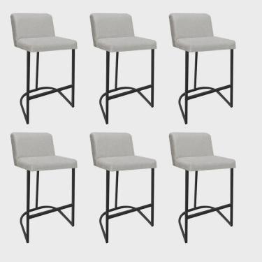 Imagem de Kit 06 Banquetas Com Encosto Noah Luxo Confort Bistrô Cozinha Ferro Preto Linho Cru - Ahz Móveis