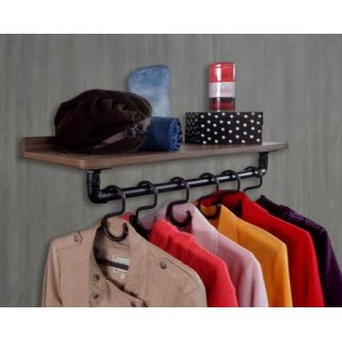 Imagem de Prateleira Suporte Cabideiro de Parede Roupas e Acessórios Estilo Indu
