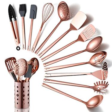 Imagem de Conjunto de utensílios de cozinha de cobre, 13 peças de utensílios de cozinha de aço inoxidável com revestimento de ouro rosa de titânio, conjunto de utensílios de cozinha com suporte de utensílios para panelas antiaderentes, pode ser lavado na lava-louças (13 pacotes)