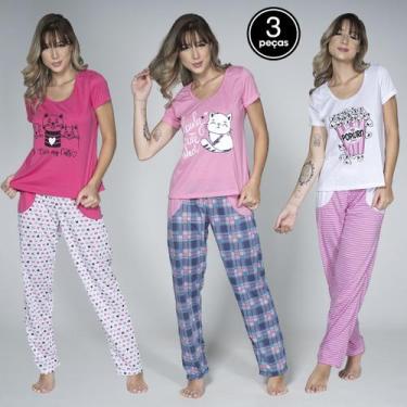 Imagem de Kit 3 Pijamas Feminino Calça Longa Estampada Blusa Manga Curta - WLS M