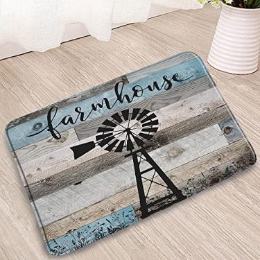 Imagem de Farmhouse Windmill Tapete de banho azul-petróleo cinza vintage rústico moinho de vento porta de celeiro retrô banheiro ocidental cozinha tapete absorvente capacho de área 75 x 45 cm