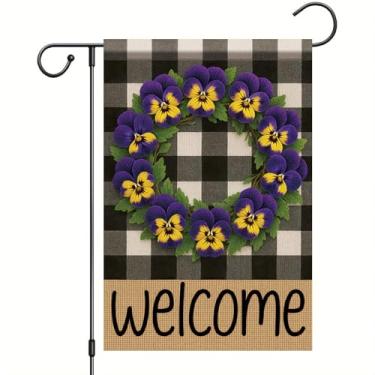 Imagem de Starlit Patio Guirlanda de boas-vindas xadrez búfalo bandeira de jardim pansy flor bandeira 30 x 45 cm dupla face primavera ao ar livre outono outono fazenda ao ar livre pequena decoração para varanda