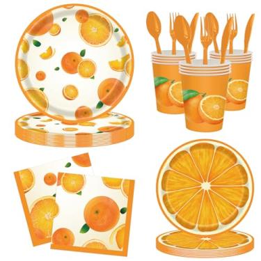 Imagem de Conjunto de utensílios de mesa descartáveis Little Cutie com 168 peças de artigos de frutas de verão laranja, inclui pratos, copos, canudos, guardanapos, facas, colheres, garfos, serve 24 convidados