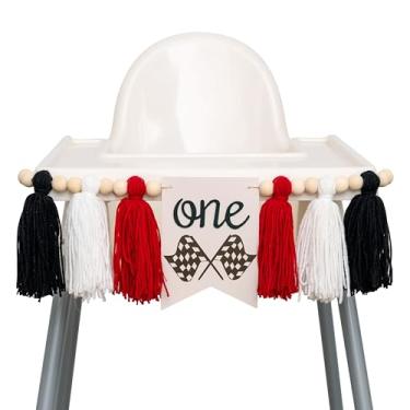 Imagem de CIEQR Fast One Banner para cadeira alta – Faixa de cadeira alta de carro de corrida, decorações de borlas de fio de primeiro aniversário, bandeira quadriculada uma placa para festa, quebra de bolo