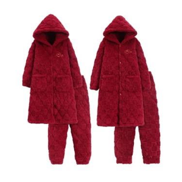 Imagem de LVTFCO Roupão de algodão sanduíche de três camadas de veludo coral conjunto de pijama vermelho roupão de banho com capuz e calças, vermelho feminino XGG