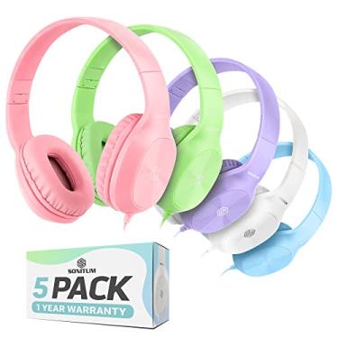 Imagem de Sonitum Kids Headphones for School Bulk Set 5-Pack On-Ear, 3.5mm, Wired Headphones for Schools & Libraries - Adjustable, Cushioned Headphones (Mixed Colors)