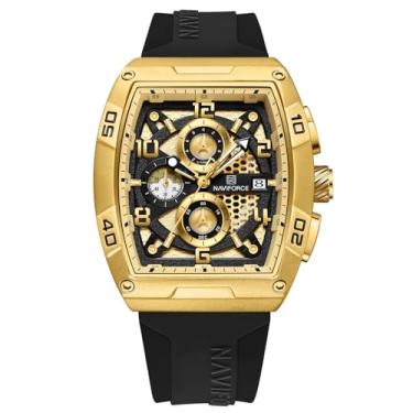 Imagem de NAVIFORCE Relógios masculinos com cronógrafo de quartzo, pulseira de silicone colorida, com data automática, à prova d'água, relógio de pulso feminino, presente, Ouro + preto, Moda, esportes, negócios
