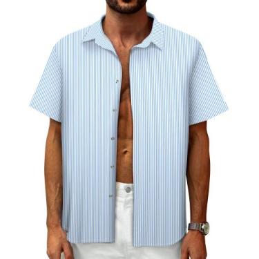 Imagem de Camisa Mizvsitrd listrada para homens com botões, manga curta, azul