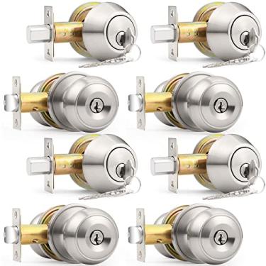 Imagem de Probrico Conjunto de maçaneta de porta de entrada e fechadura de fechadura de cilindro duplo, chave semelhante, níquel acetinado, conjunto de 4