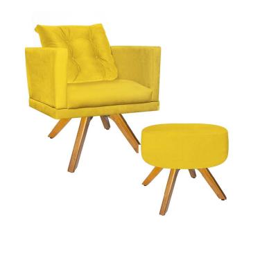 Imagem de Kit Poltrona Com Almofada Solta E Puff Kim Luxo Confort Giratória Madeira Castanho Corino Amarelo