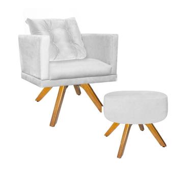 Imagem de Kit Poltrona Com Almofada Solta E Puff Kim Luxo Confort Giratória Madeira Carvalho Corino Branco