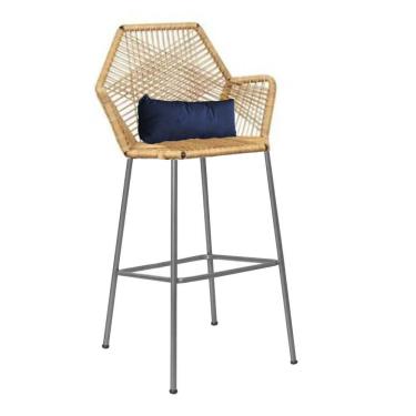 Imagem de Banqueta Alta Sttar Ferro Prata Fibra Palha Almofada Suede Azul Marinho - Amey Decor