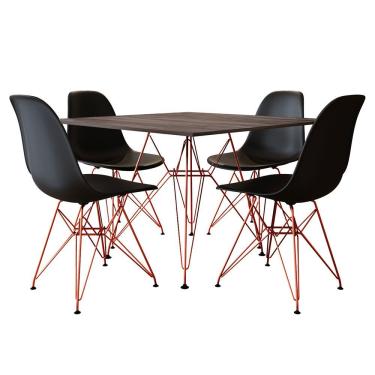 Imagem de Mesa Jantar Quadrada Com 4 Cadeiras Pretas Eames Eiffel Base De Ferro Cobre Tampo Amêndoa 90Cm