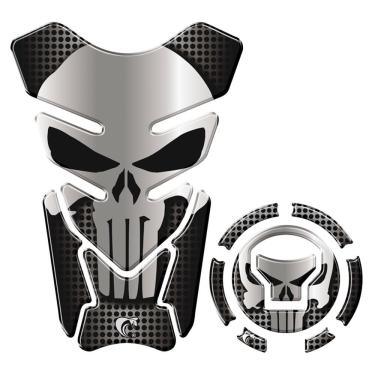 Imagem de Kit Adesivo Resinado Protetor Tanque E Bocal Moto Honda Acima 2018 Justiceiro Preto Prata