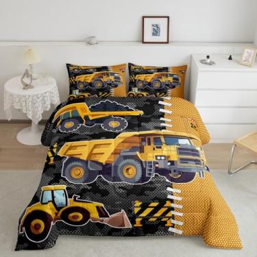 Imagem de Conjunto de cama com desenho animado de caminhão, escavadeira amarela, veículo de engenharia, para crianças, adolescentes, cinza, camuflado, amarelo, patchwork, xadrez, conjunto com 2 fronhas, tamanho