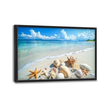 Imagem de Arte de parede grande oceano para sala de estar praia concha do mar decoração em tela emoldurada paisagem costeira impressões pintura imagens extra grande arte marítima para quarto decoração de casa