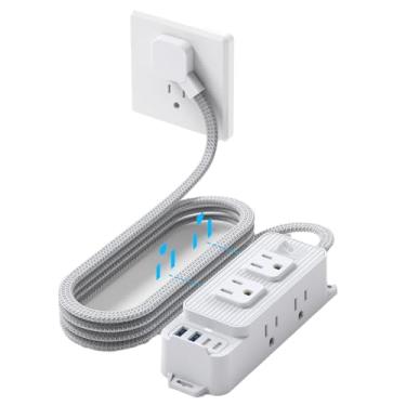 Imagem de Electmagic Protetor De Surtos Para Régua Energia - 6 Tomadas E 4 Usb (2 C), Cabo Trançado 1,5 M Com Plugue Plano Ultrafino, Suporte Parede, Extensor Tomada 3 Lados, Compacto Viagens, Navio Cruzeiro,