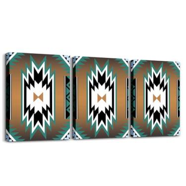 Imagem de Feelyou 3 peças de arte de parede em tela ocidental para sala de estar imagem asteca do sudoeste decoração de parede para sala de jantar quarto banheiro marrom verde boêmio pôster pintura para