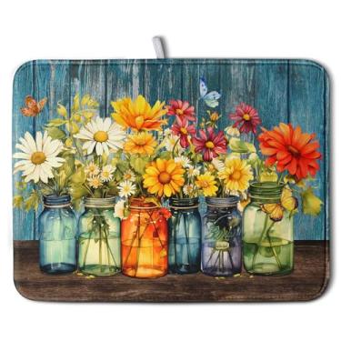 Imagem de Kwlegh Tapete De Secagem Louça Daisy Para Balcão Cozinha 18X24" Tapetes Vasos Flores Vintage Rústicos Microfibra Absorvente Escorredor Pratos Suporte Tábua Madeira Floral Fazenda