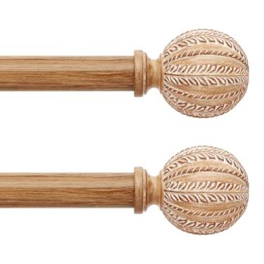 Imagem de Pacote com 2 varões de cortina de madeira para janelas de 122 a 213 cm, 2,5 cm de diâmetro, ajustáveis, resistentes e rústicas, com acabamentos decorativos de grão de madeira de imitação boho, tamanho