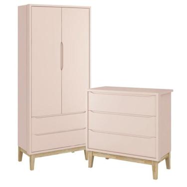 Imagem de Jogo de Quarto Classic Guarda Roupa 2 Portas e Cômoda 3 Gavetas com Pés Madeira Natural - Reller Móveis Rosa Fosco