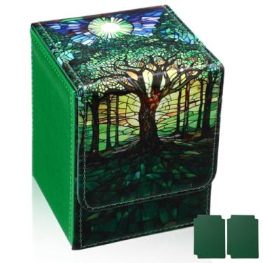 Imagem de Wonderjune Leather Card Deck Case Compatible with MTG Cards Holds 120+ Trading Cards Strong Magnet Storage Card Box with 2 Dividers Compatible with TCG CCG(Green,Vertical Tree)
