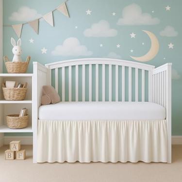 Imagem de Saia de cama de berço marfim com babados, canto dividido 100% algodão natural para berçário, saia de cama infantil para bebês meninas ou meninos, saia para cama de berço com babados com cantos