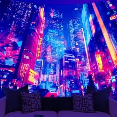 Imagem de WEBEEDY Cyberpunk Tapeçaria Luz Negra Neon Cidade UV Reativa Pôster Fantasia Paisagem Urbana Tapeçarias Futuristas Decoração de Quarto Sala de Estar Arte de Parede de Casa, 150 x 130 cm