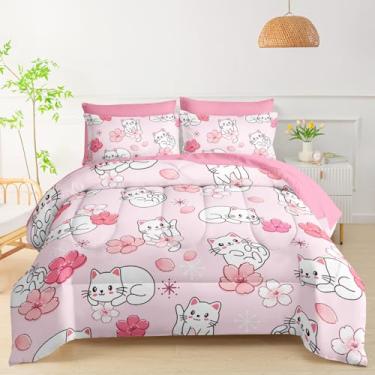 Imagem de QOOMO Conjunto de edredom com 7 peças, tamanho solteiro, gato Sakura para crianças, inclui 1 edredom, 1 lençol com elástico, 1 lençol de cima, 2 fronhas estampadas e 2 fronhas rosa