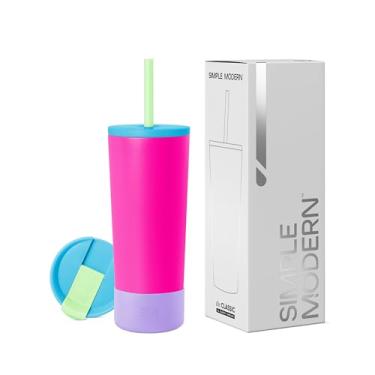 Imagem de Simple Modern Copo isolado com tampa, canudo e bota | Copo de café gelado reutilizável garrafa de água caneca de viagem | Presentes para mulheres e homens para ela | Coleção clássica | 680 g | 80s Mix