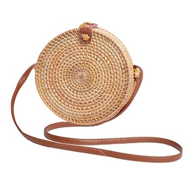 Imagem de SHAREYOIU Candy Colors Bolsas de ombro redondas de vime feitas à mão, estilo praia tropical natural chique com alça de couro, Nº 1 puro, Big，7.87x 3.2 inch