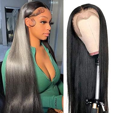 Imagem de Perucas com tela frontal de cabelo humano liso 33 x 10 cm HD perucas frontais com tela transparente com cabelo de bebê, densidade 150% perucas de cabelo humano virgem brasileiro para mulheres negras, cabelo humano pré-arrancado (50 cm, cor natural)