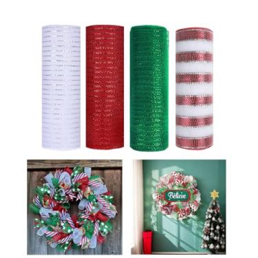 Imagem de JStnana 4 rolos de fita de malha decorativa para suprimentos de fabricação de guirlandas de Natal, 25,5 cm x 7,6 m de malha metálica de serapilheira branca vermelha verde decorada para árvore de Natal