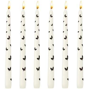 Imagem de Conjunto de 6 velas cônicas impressas para decoração de casa, castiçais marfim de 25 cm com padrão de borboleta, velas sem gotejamento e sem fumaça, queima de 6 a 7 horas