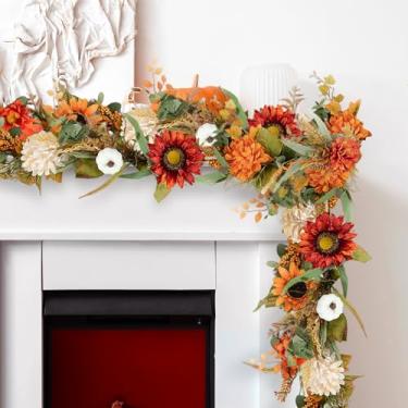 Imagem de NUPTIO Guirlanda de folhas de outono com abóbora: decoração de outono de 1,8 m para mesa de jantar de festa de lareira - decoração de outono de margarida de girassol artificial para colheita de ação