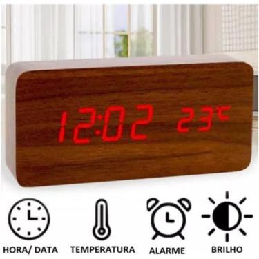 Imagem de Relógio De Mesa Quadrado De Madeira Led Digital Data Hora Temperatura 