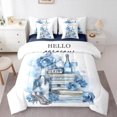 Imagem de Erosebridal Conjunto de edredom feminino azul com lençol de solteiro, prata, moderno, 7 peças, flor azul-petróleo, perfume, cama, salto, champanhe, livros, floral, decoração romântica