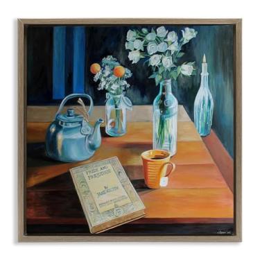 Imagem de Stupell Industries Teapot & Book Still Life Brown Framed Floater Canvas Wall Art Design por Violeta Vollmer, 63 x 63 cm