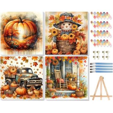 Imagem de VIGEGU Kit de pintura de ação de graças por números para adultos com moldura, tinta de abóbora de outono por número com cavalete de madeira faça você mesmo outono caminhão espantalho adulto kits de