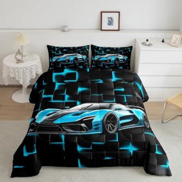 Imagem de Conjunto de edredom de carro de corrida elegante, tamanho solteiro, hexágono, neon brilhante, 2 peças, para decoração de quarto de crianças, meninas, meninos, blocos pretos, azul-petróleo, edredom