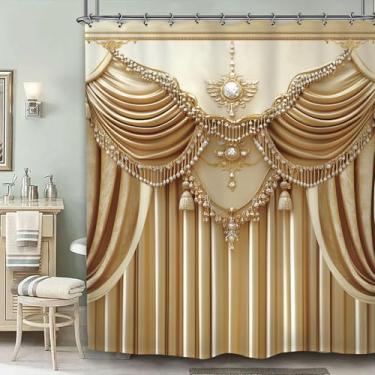 Imagem de Yookeb Cortina de chuveiro dourada dourada champanhe 152 cm por 188 cm elegante, luxuosa, moderna, estilo europeu, tecido de poliéster vintage, 12 ganchos de plástico, decoração à prova d'água