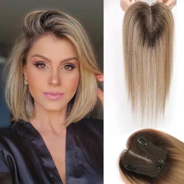 Imagem de starluck Toppers de cabelo para mulheres cabelo humano real 11,4 cm x 12,7 cm base de renda suíça amarrada à mão 35,56 cm sem franja SilkHug ombre Topper marrom claro para mulheres com raízes de