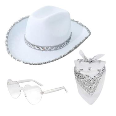 Imagem de Chapéus de cowboy brilhantes para mulheres, chapéu de cowboy moderno com óculos de coração e bandana - Pacote de chapéu de vaqueira com óculos de coração