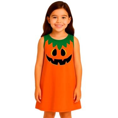 Imagem de Vestido Infantil Halloween Abóbora, Fantasia Temática, Laranja com Verde (Laranja, 12)